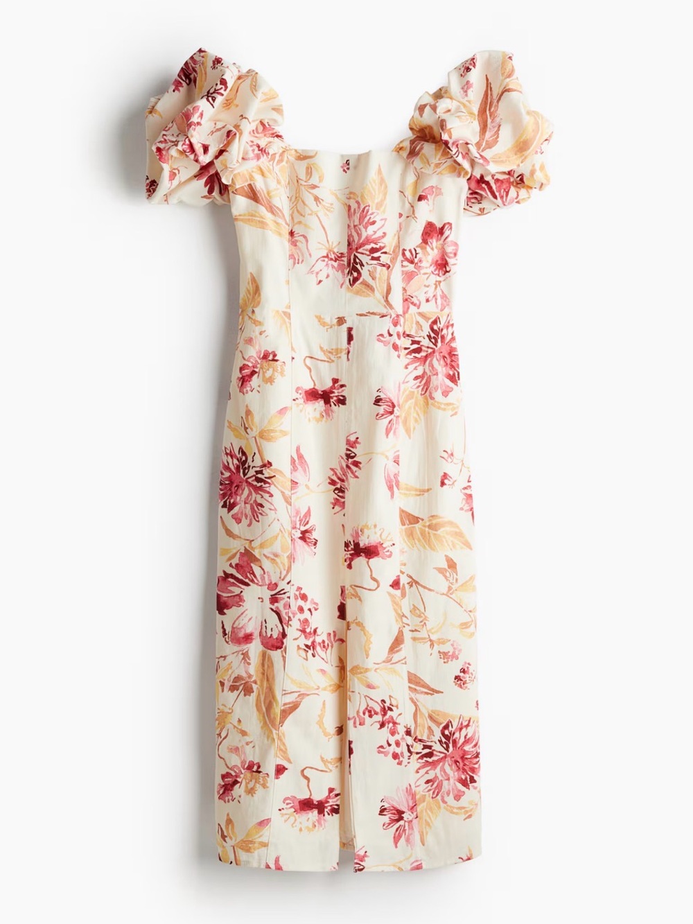H&M Linen Blend Dramatic Sleeve Off-the-Shoulder Cream Floral Midi Dress